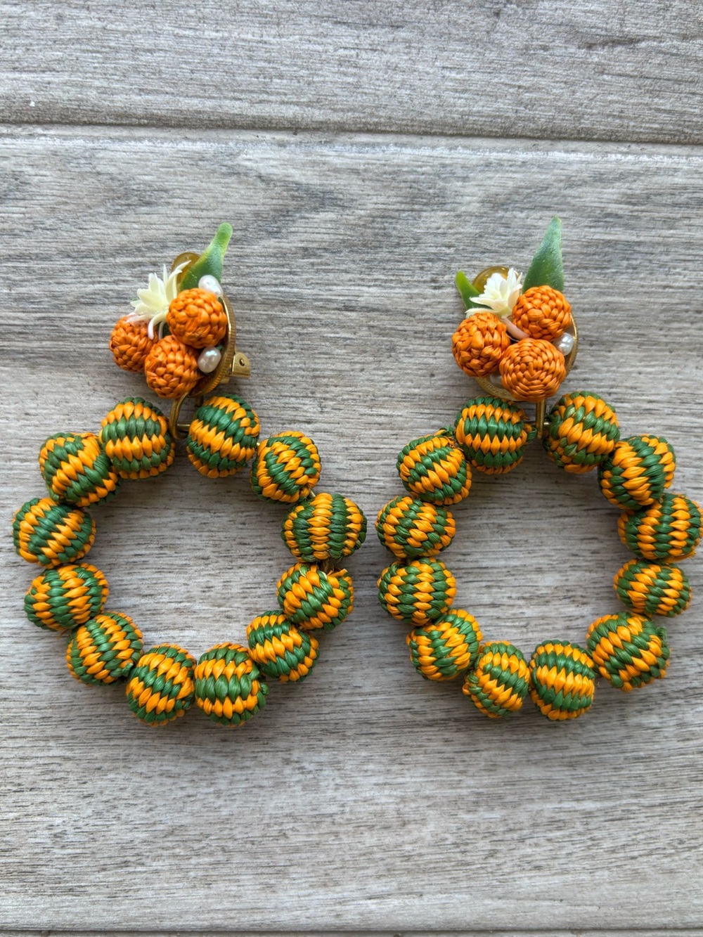 Mercedes Salazar  Green and Orange Woven Hoop Earrings handmade in Colombia